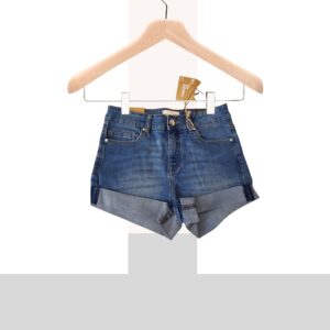 Dark Wash Denim Shorts – High-Waist Rolled Hem Jean Shorts with Pockets(Size UK12)