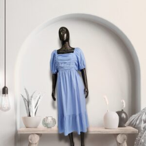 Women’s Light Blue Puff Sleeve Midi Dress – Elegant Summer Casual Outfit (Size 16)