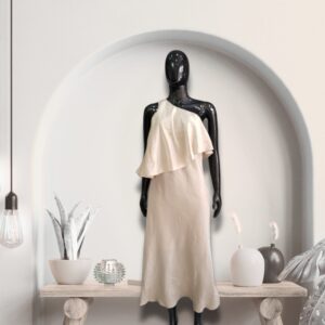 Women’s One-Shoulder Beige Midi Dress – Elegant Evening & Cocktail Outfit (Size 16)