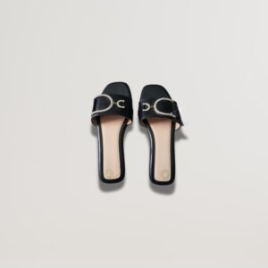Black Slip-On Slippers – Flat Open Toe Sandals with Decorative Buckle