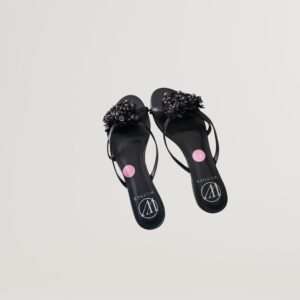 Black Bead Floral Slip-On Slippers - Elegant Beaded Flat Sandals for Casual & Evening Wear