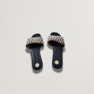Black Pearl Slip-On Slippers – Flat Open Toe Sandals for Casual & Evening Wear