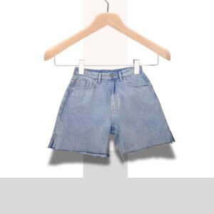 Light Wash Distressed Denim Shorts – High-Waist Raw Hem Jean Shorts(Size UK12)
