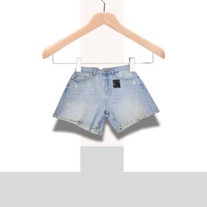 Light Blue Distressed Denim Shorts – High-Waist Raw Hem Jean Shorts(Size UK12)