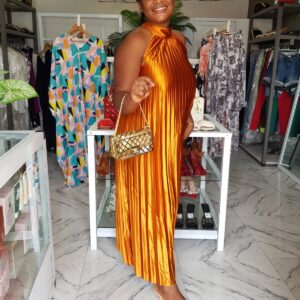 Pleated Halter Maxi Dress – Elegant Golden Glow