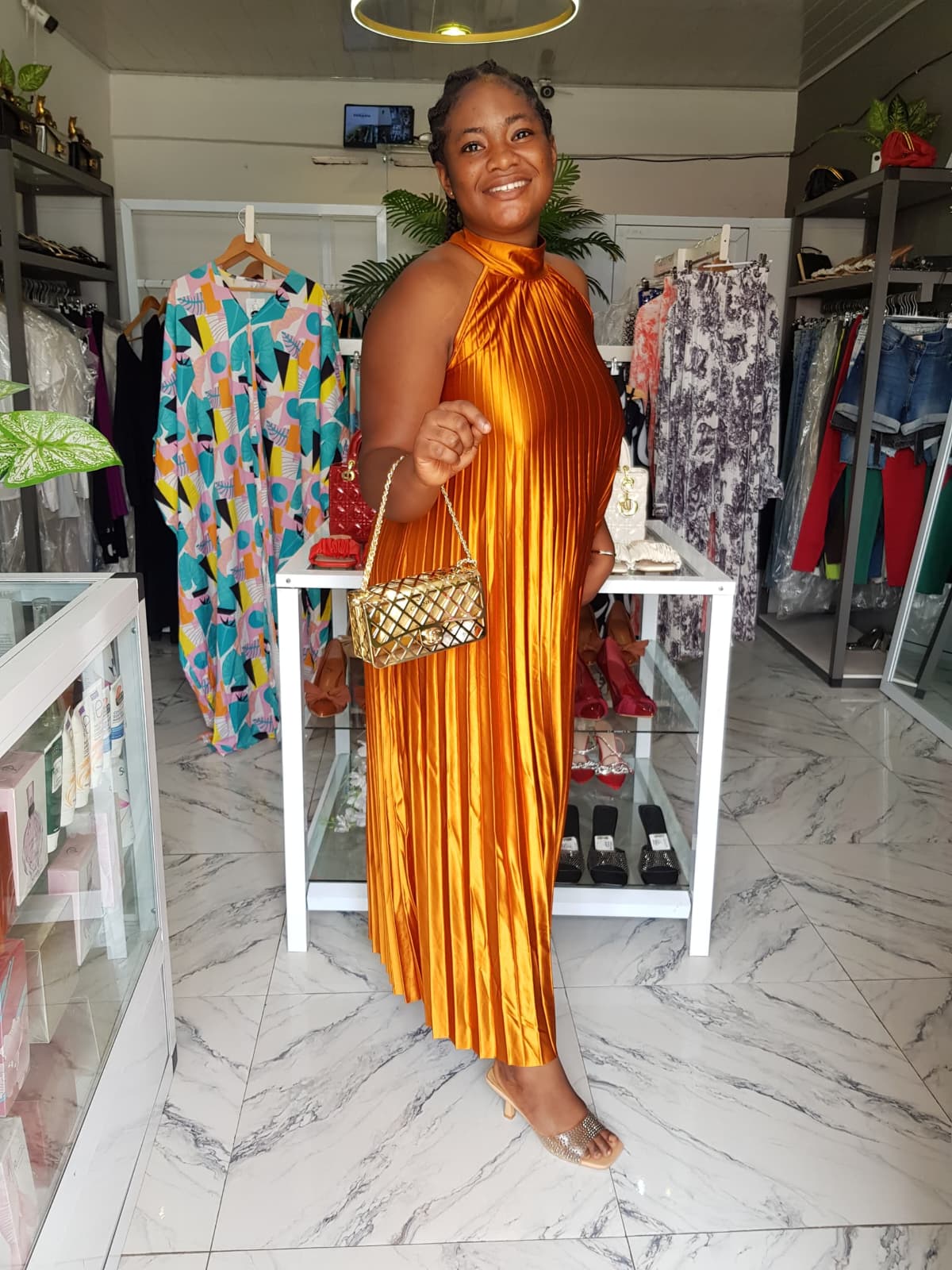 Pleated Halter Maxi Dress – Elegant Golden Glow